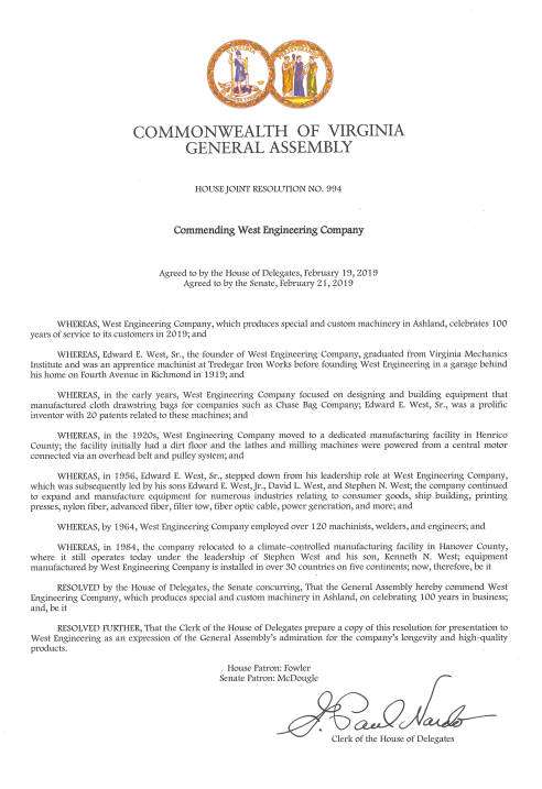 Commendation from the General Assembly of Virginia
